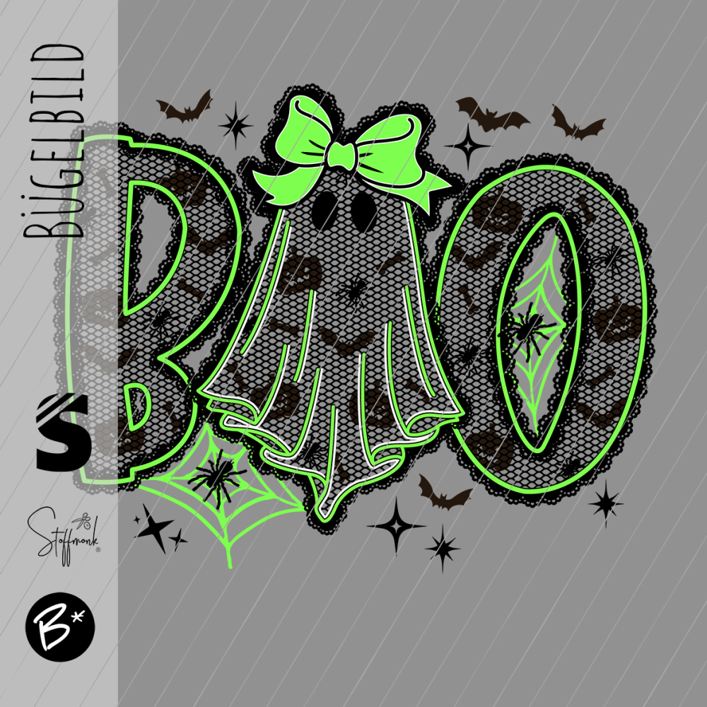 Bügelbild - H44 - " BOO! (Spitzenoptik) #schwarz/grün "