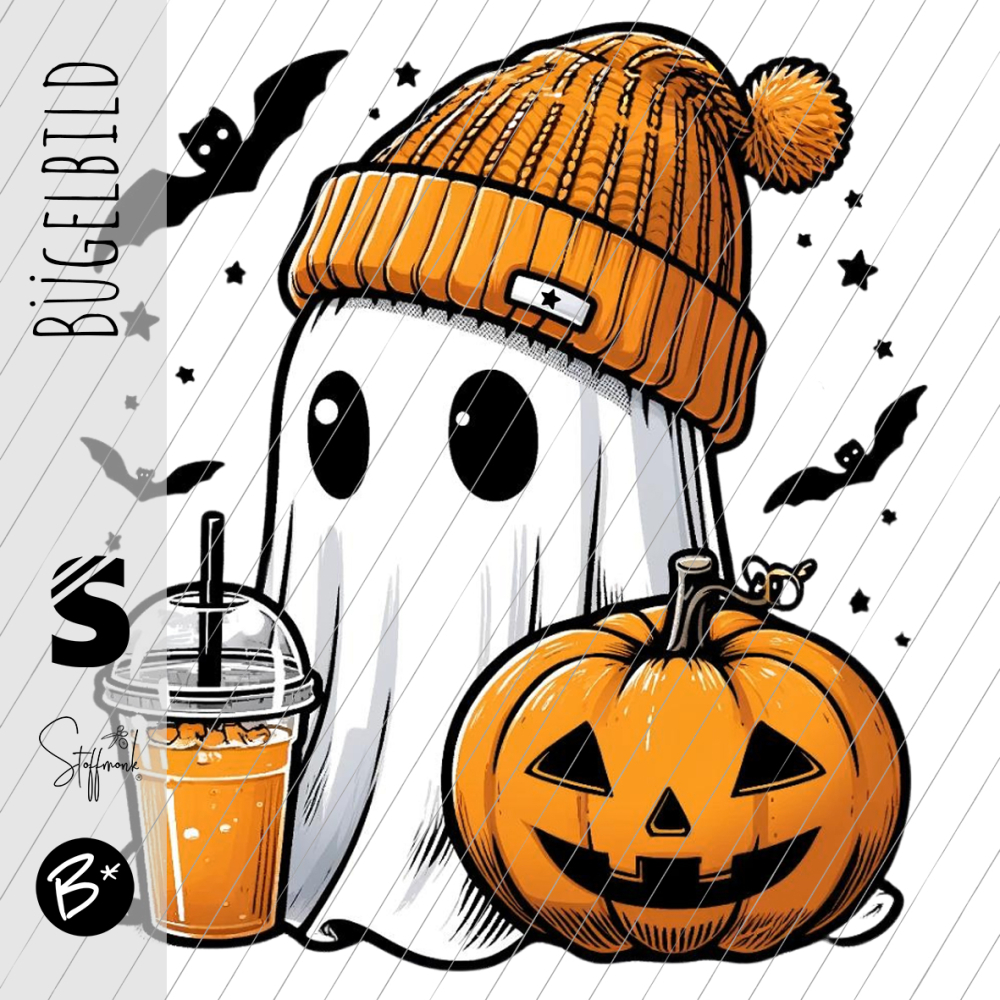 Bügelbild - H64 - " Geist mit Shake und Kürbis "