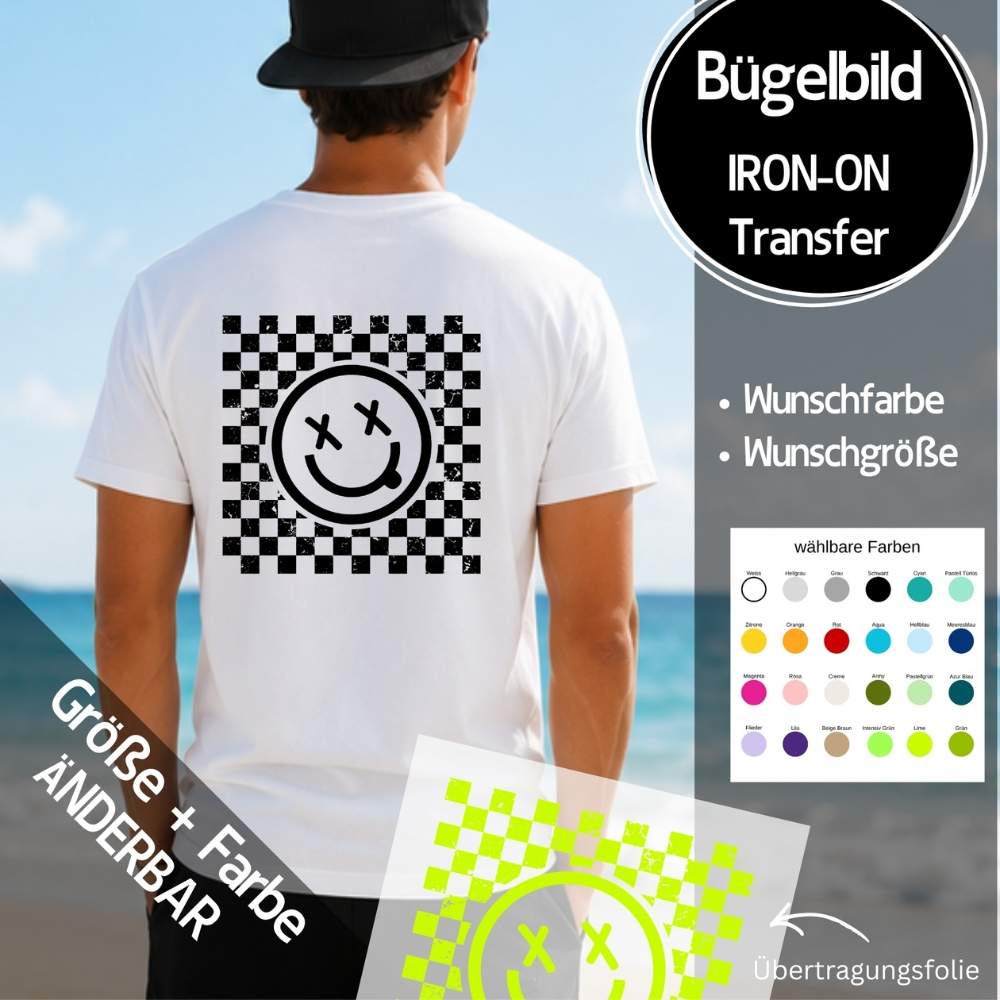 Bügelbild " Smilie Karo Rechteck " - Farben & Größe frei wählbar