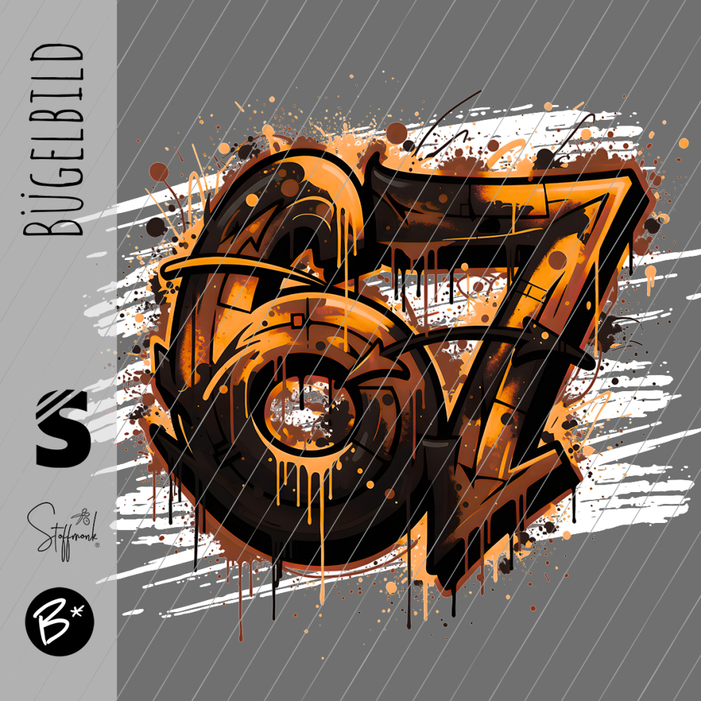 Bügelbild -  " Six Seven 67 # Orange/braun "