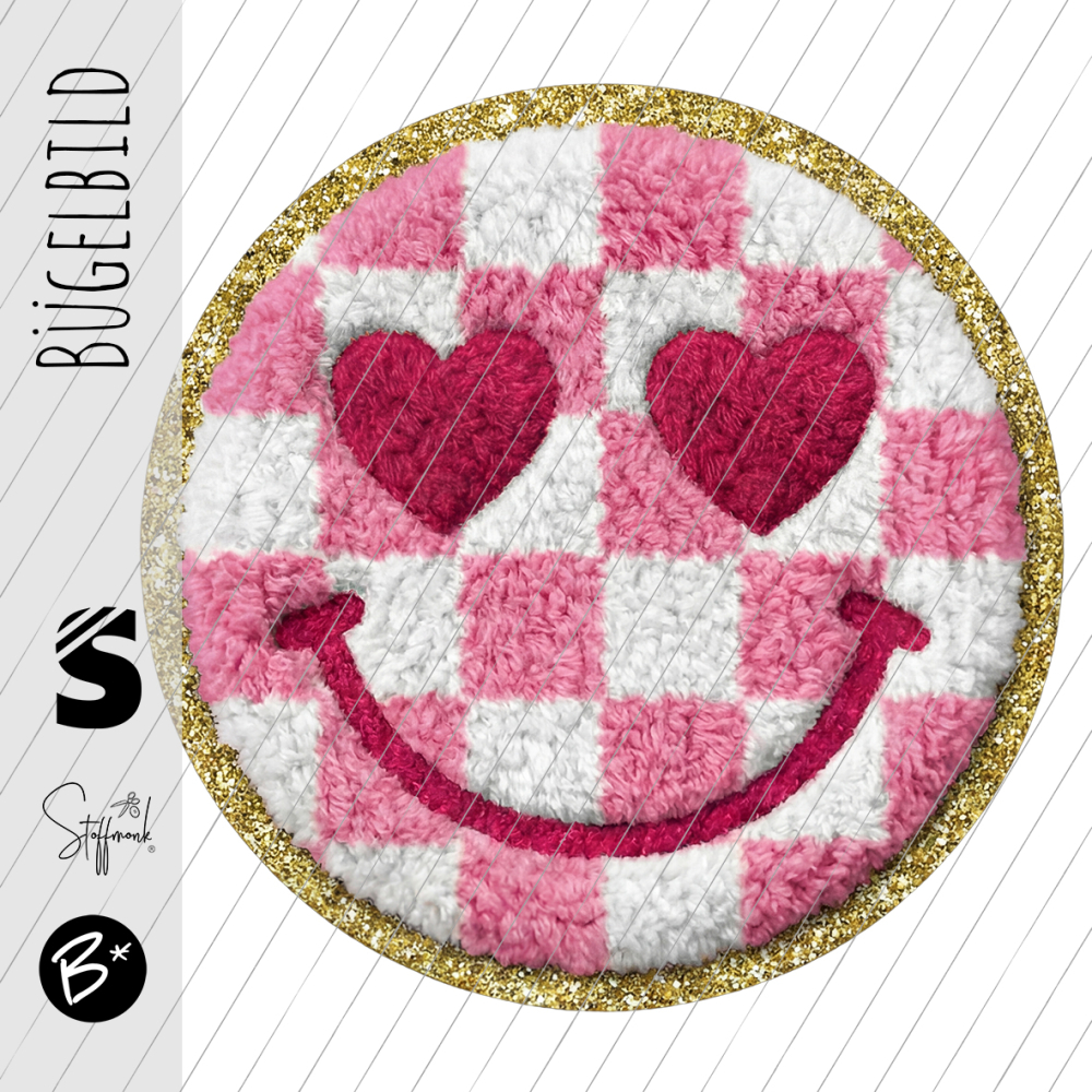 Bügelbild -  "Checker Smilie - Karo rosa Chenille Optik"