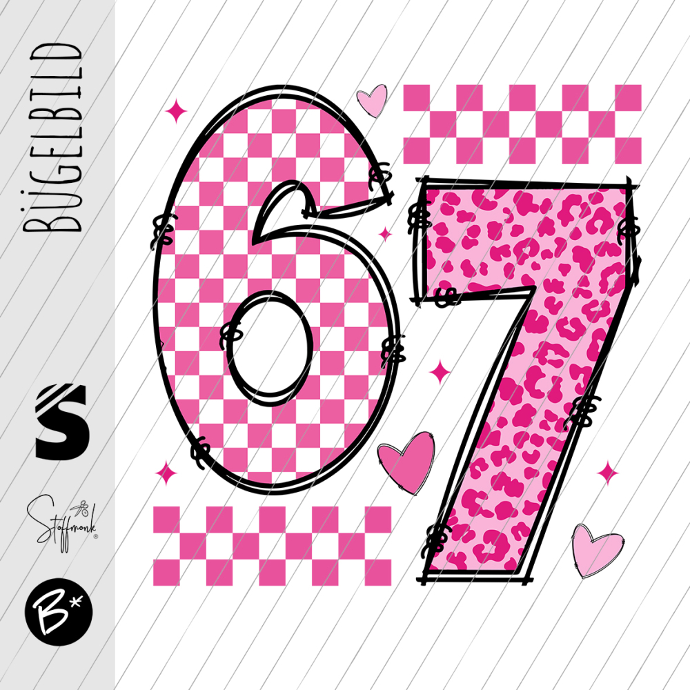 Bügelbild -  " 6 7  - Karo Herzen Pink "