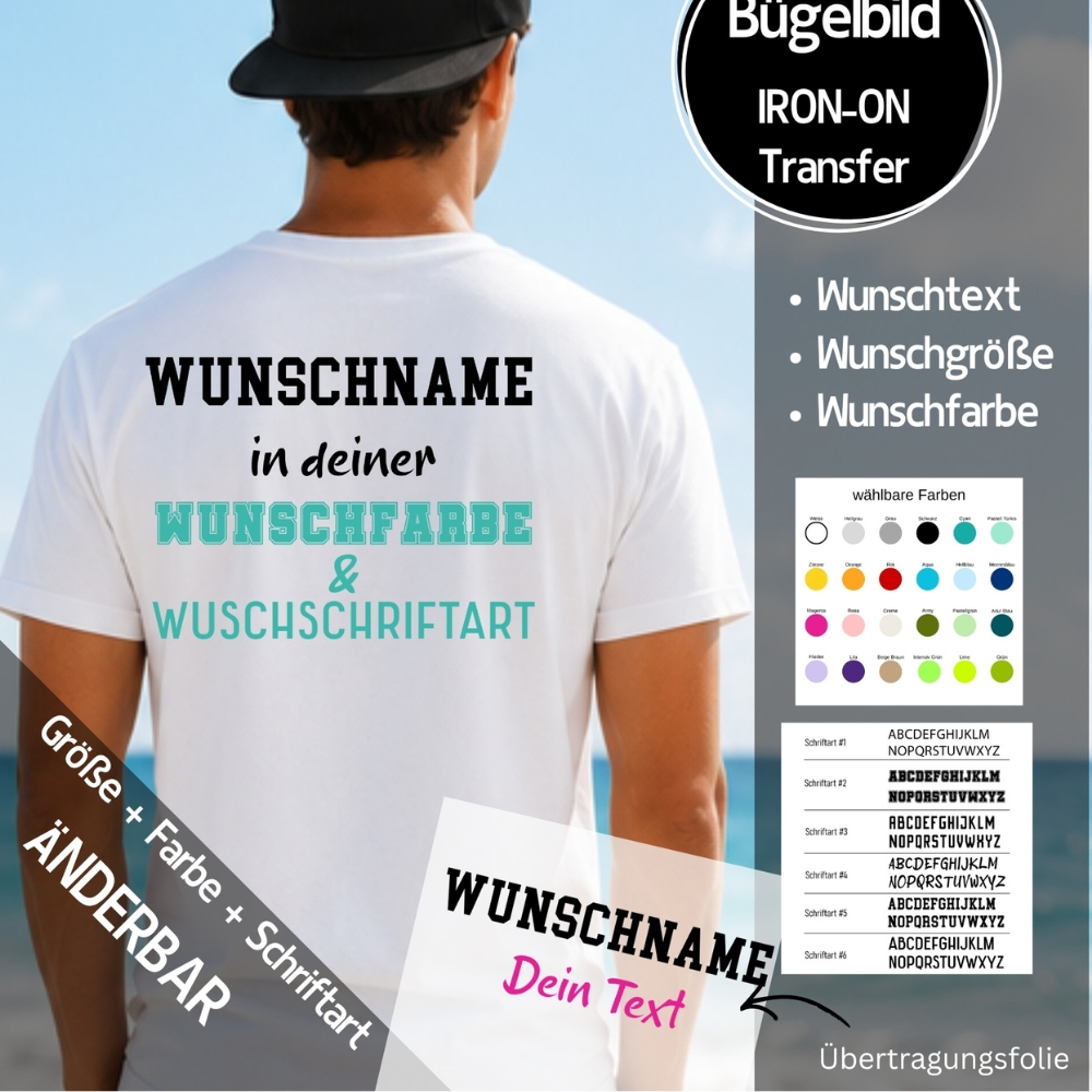 Bügelbild " Wunschname Wunschtext Trikot  "  - Größe + Farbe + Schriftart frei wählbar