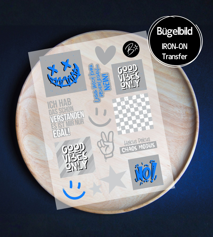 Bügelbild Bogen A6 - Set LABELS " Cool Stuff #grau/blau "