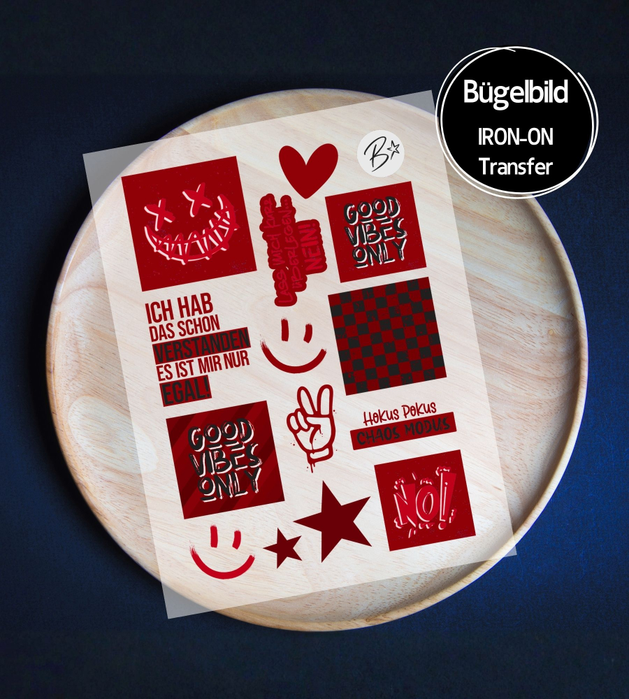 Bügelbild Bogen A6 - Set LABELS " Cool Stuff #rot "
