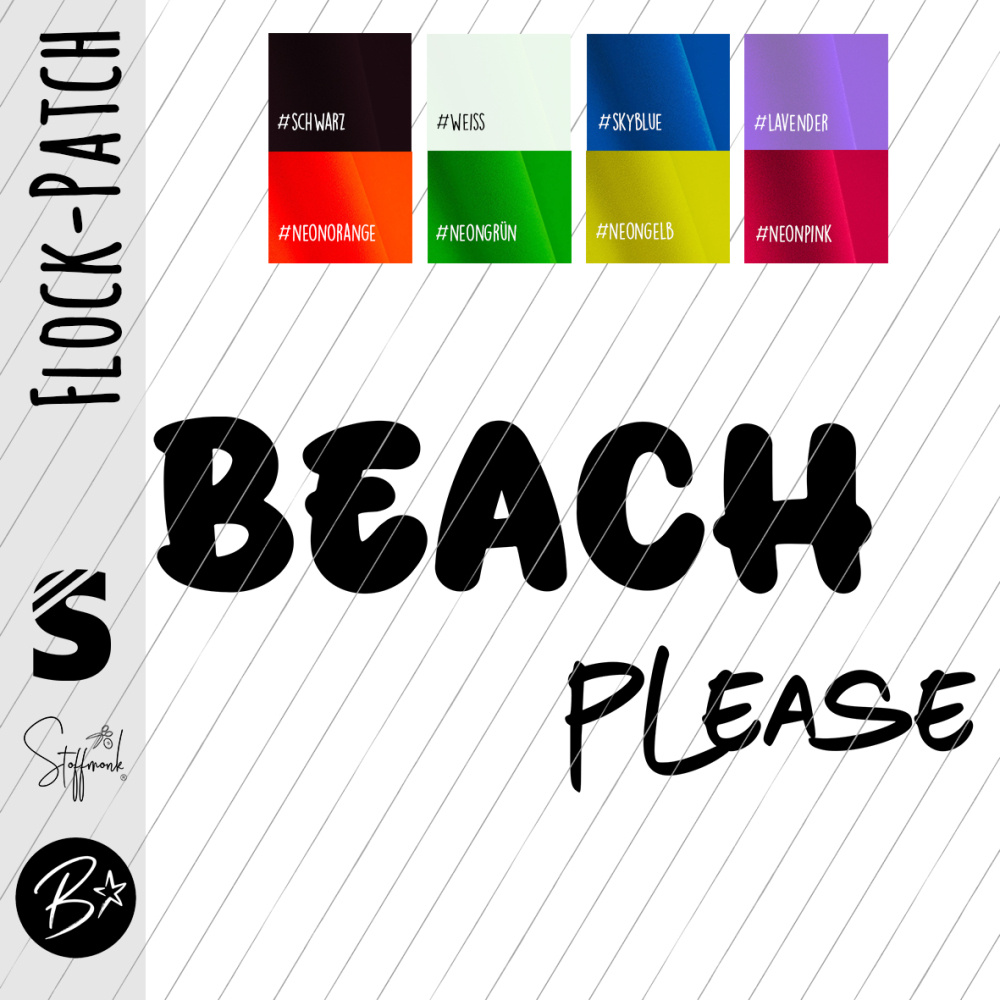 Flock-Patch / Iron on - " BEACH please " - Wunschfarbe & Größe