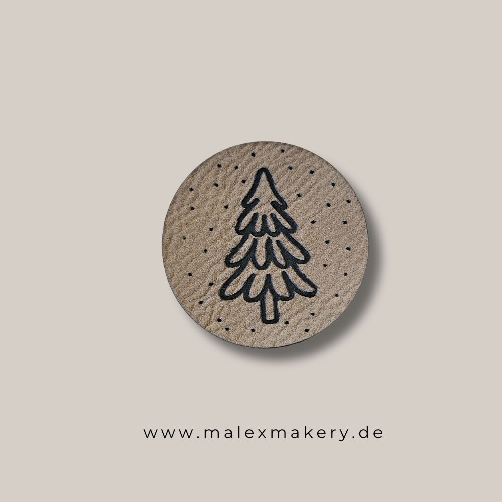Label  " Tanne Schneeflocken " -  ca. 4cm RUND - Kunstleder ++ Farbauswahl ++