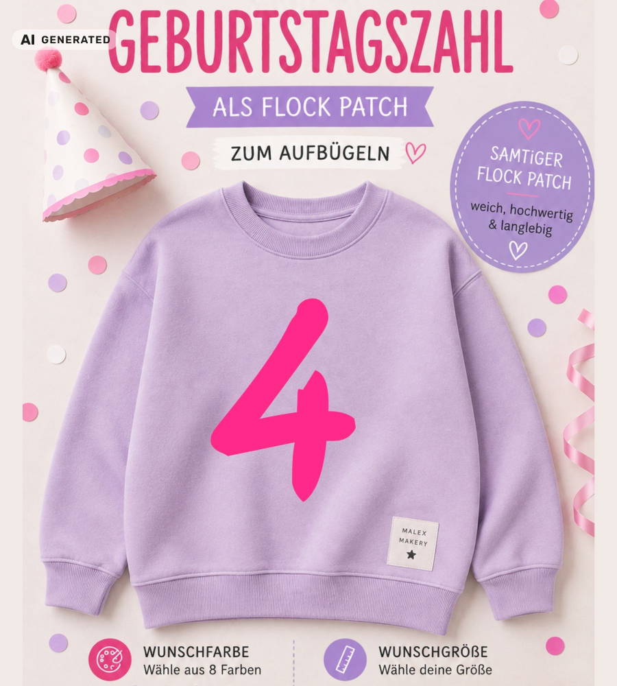 Deine Geburtstags-Zahl - Flock-Patch / Iron on - Wunschfarbe & Größe