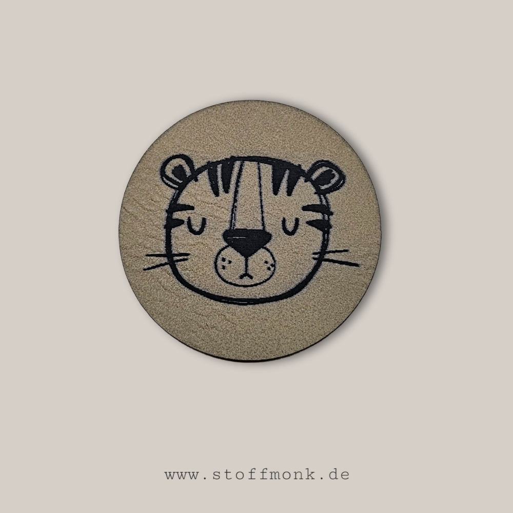 Label - TIGER Tierkopf RUND - ca. 4 cm Durchmesser - Kunstleder ++ Farbauswahl ++