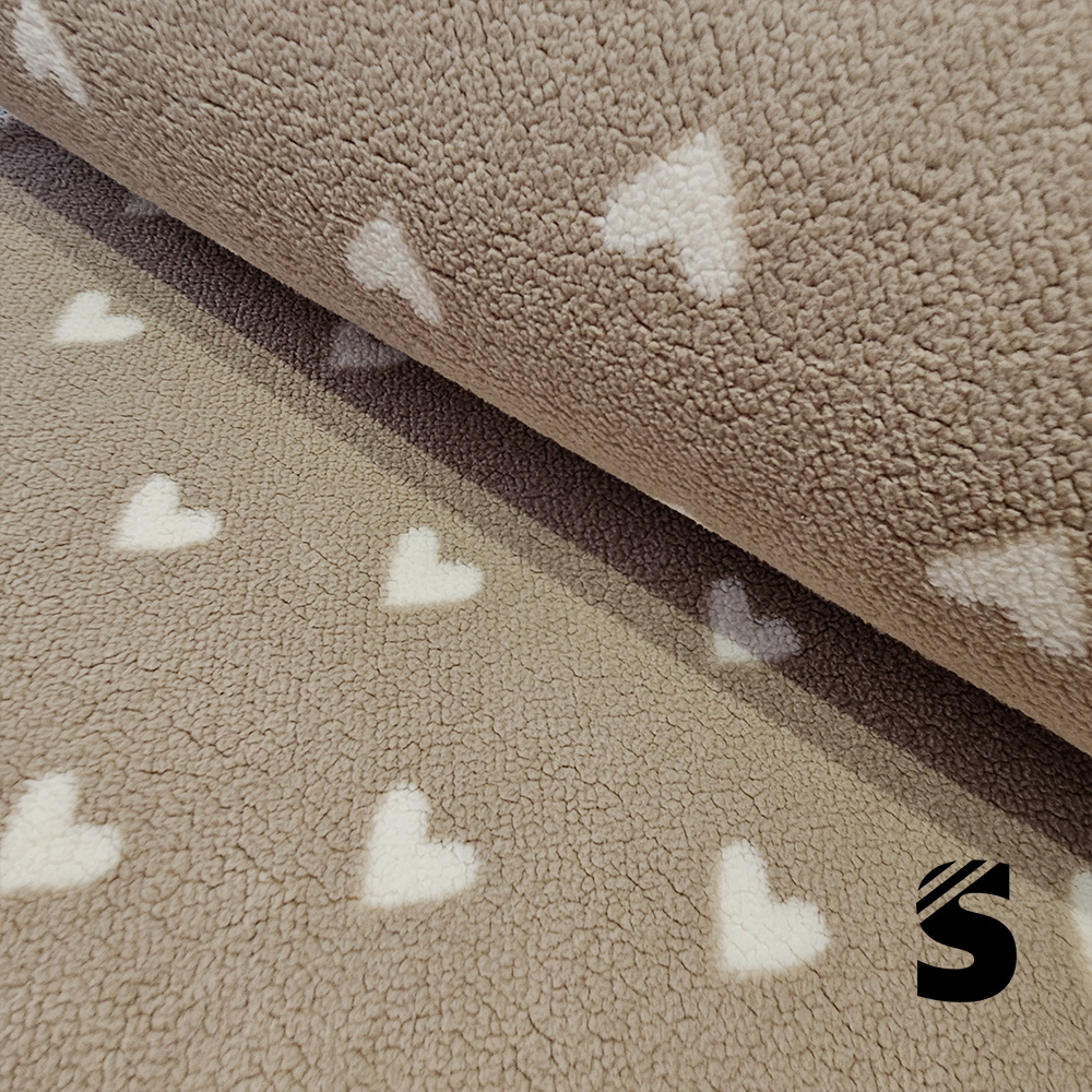 Teddy Stoff - Herzen - Dunkelbeige