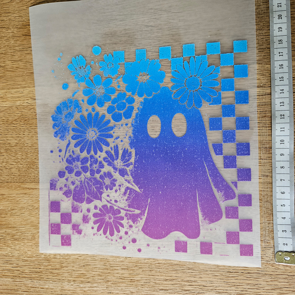 Bügelbild versandfertig - längste Seite ca. 18cm   - WA_H61_18cm / Geist Karo blau lila