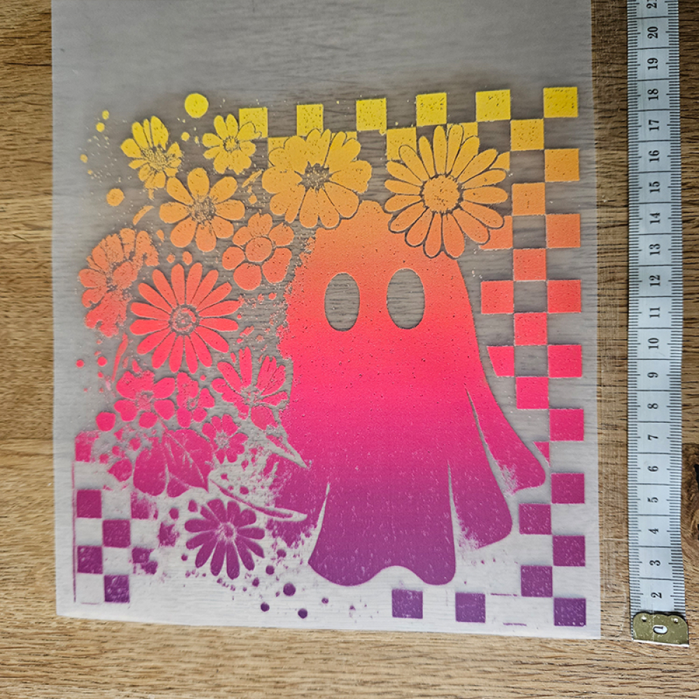 Bügelbild versandfertig - längste Seite ca. 18cm   -  WA_H62_18cm / Geist karo pink gelb