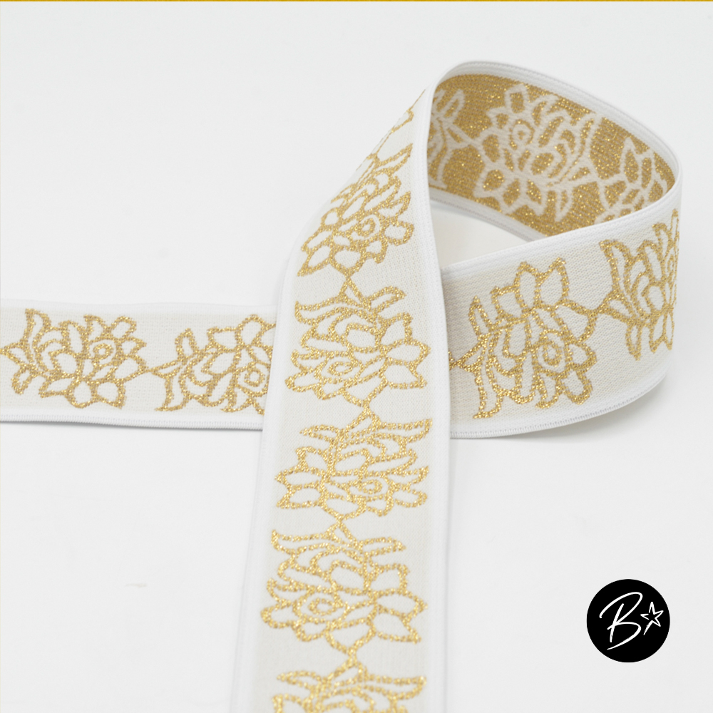 Gummiband  50mm  - #weiss/gold  Blumen
